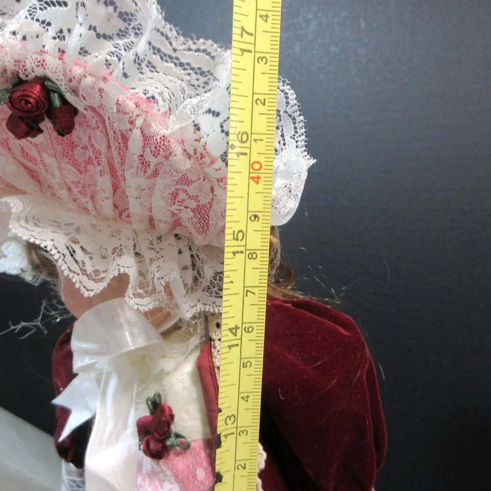 VTG Porcelain Doll in Victorian Burgundy Velvet & Lace Dress with Hat - 16